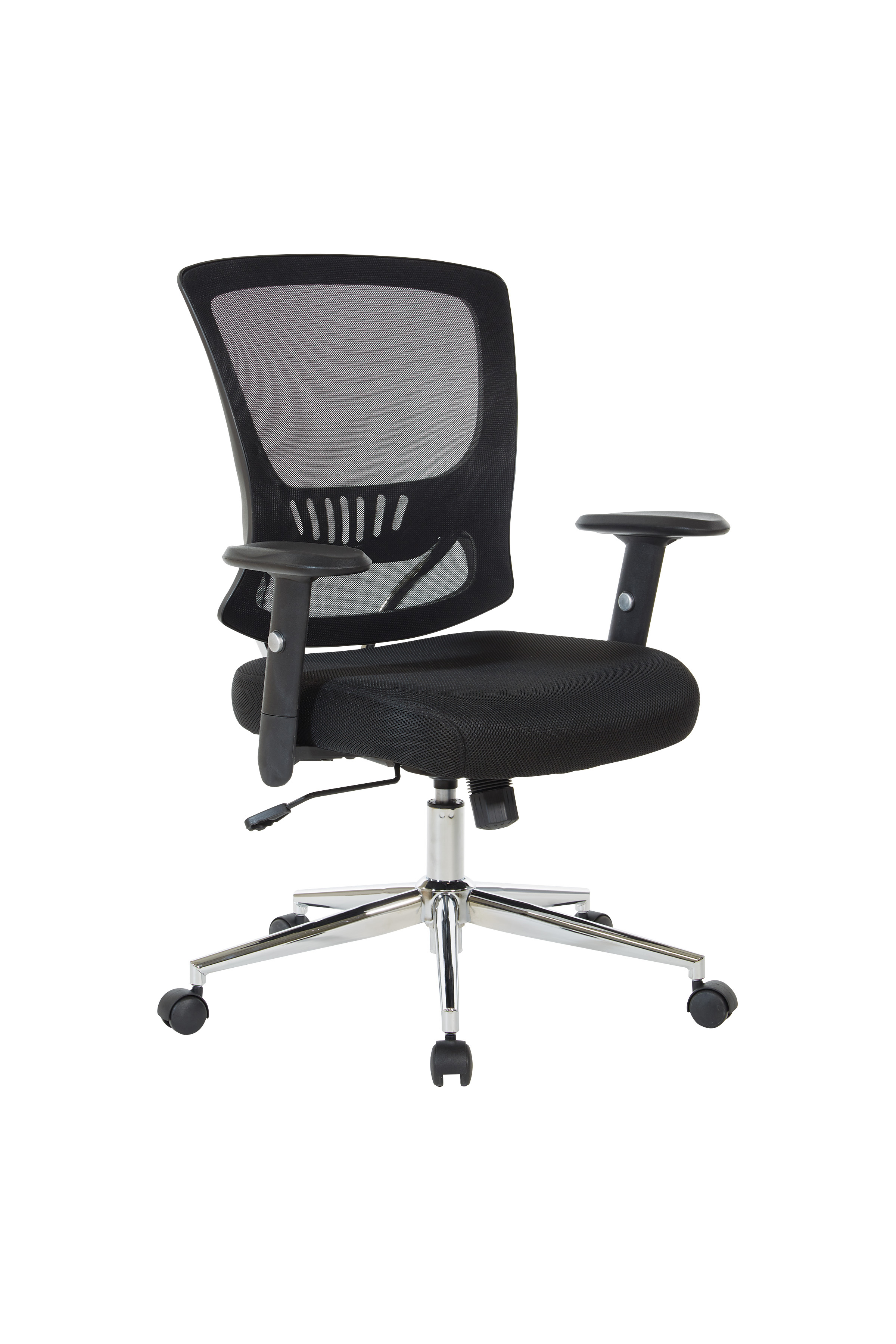 Mesh Screen Back Chair with Height Adjustable PU Padded Arms, Mesh Fabric Seat, Chrome Base & Dual Wheel Carpet Casters